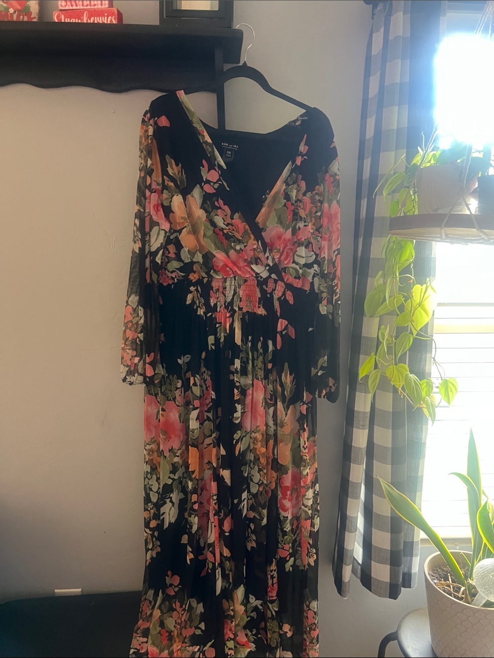 Black Floral Wrap Maxi Dress with Pink & Green Blooms
